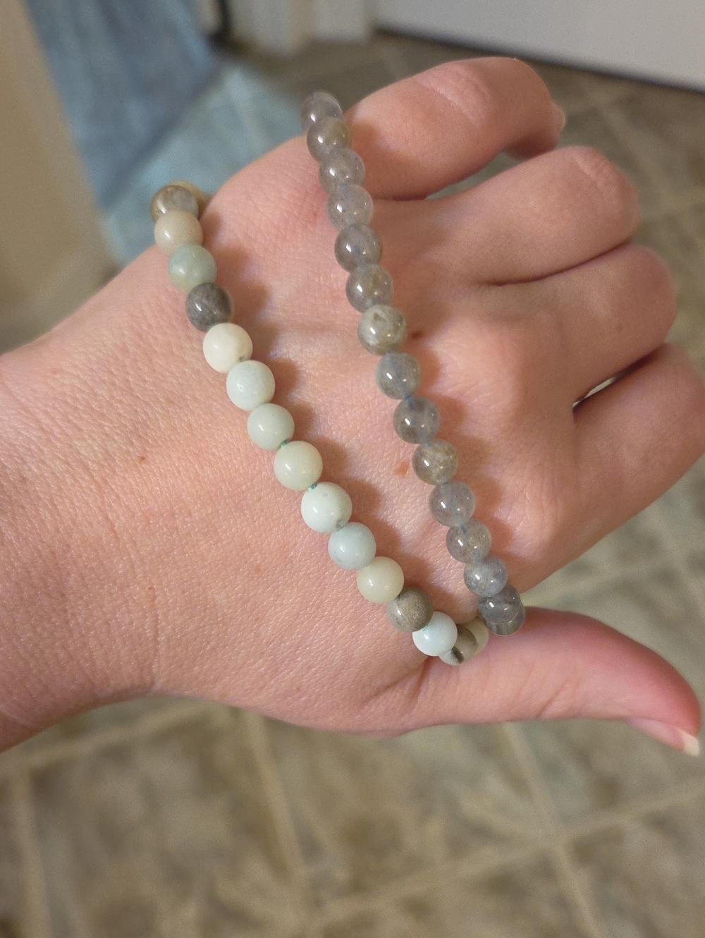 Beaded Amazonite and Gray Moonsyone Bracelets - Natural Green and Gray